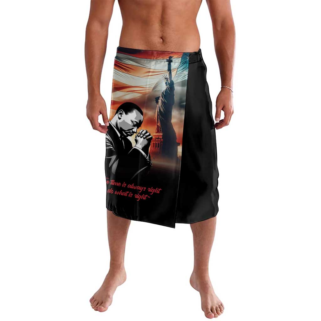 Black wrap skirt with portrait, feather graphic, and red text along the hem