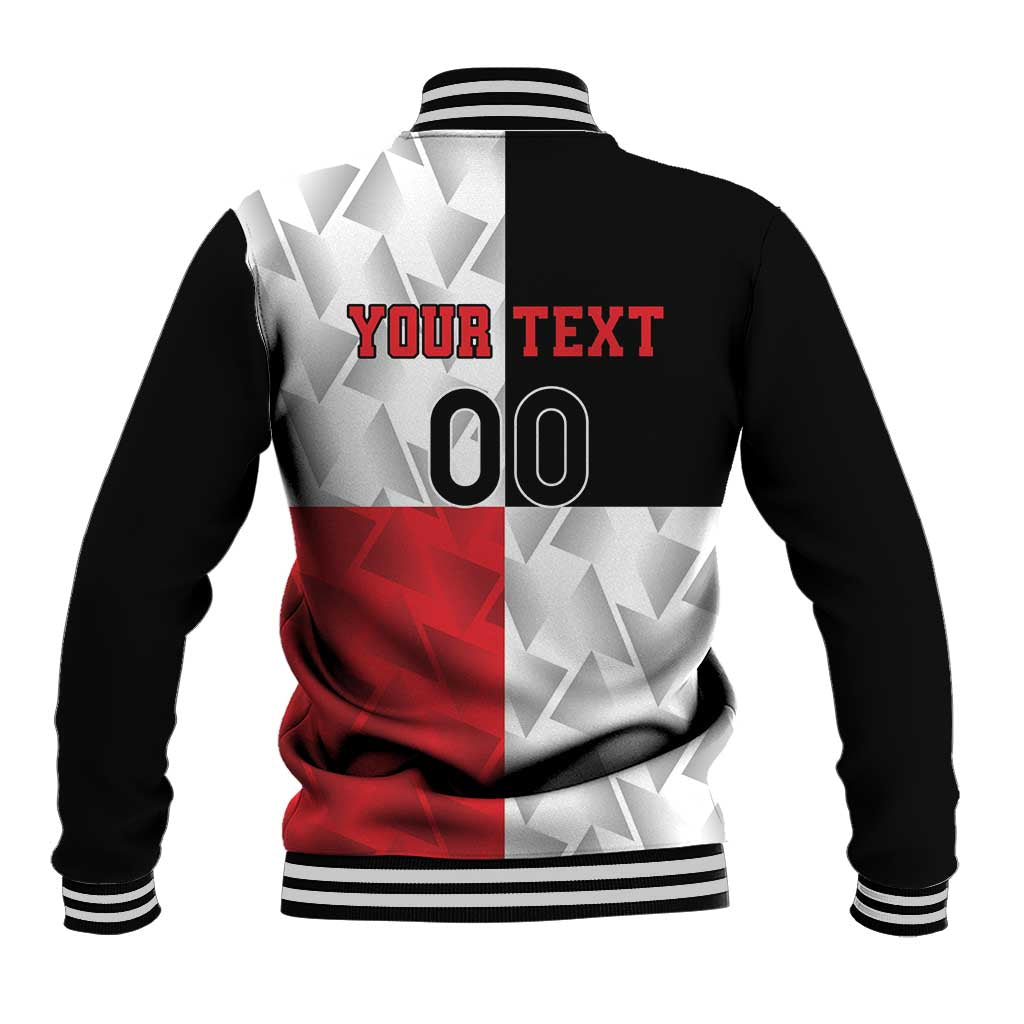 Rugby baseball jacket back in black/red with white pattern, striped hem and cuffs
