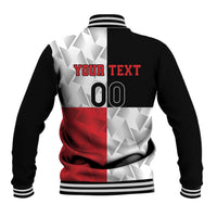 Rugby baseball jacket back in black/red with white pattern, striped hem and cuffs