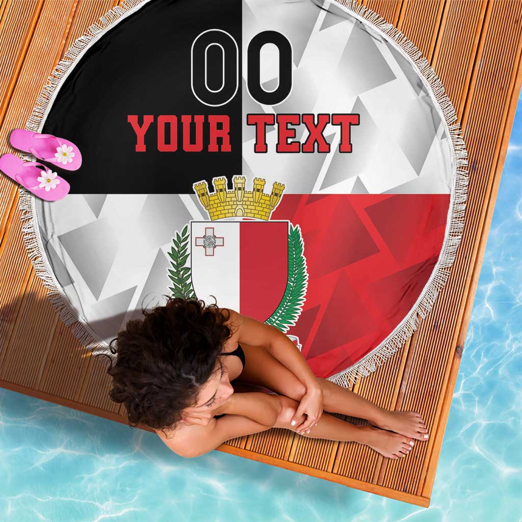Round Malta-flag beach blanket with fringe; “YOUR TEXT” and Malta crest