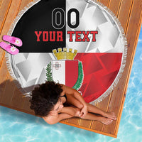 Round Malta-flag beach blanket with fringe; “YOUR TEXT” and Malta crest