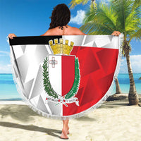 Round Malta-flag beach blanket with white fringe, held up; crest and “YOUR TEXT”