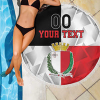 Round Malta-flag beach blanket with fringe; “YOUR TEXT” and crest on poolside