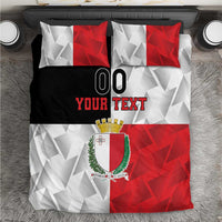 Red, white, and black geometric Malta bedding set with crest and 'YOUR TEXT' design