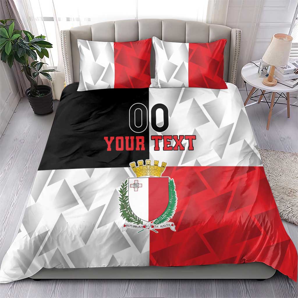 Malta bedding set with red-white geometric pattern, crest, and 'YOUR TEXT' on comforter