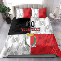 Malta bedding set with red-white geometric pattern, crest, and 'YOUR TEXT' on comforter