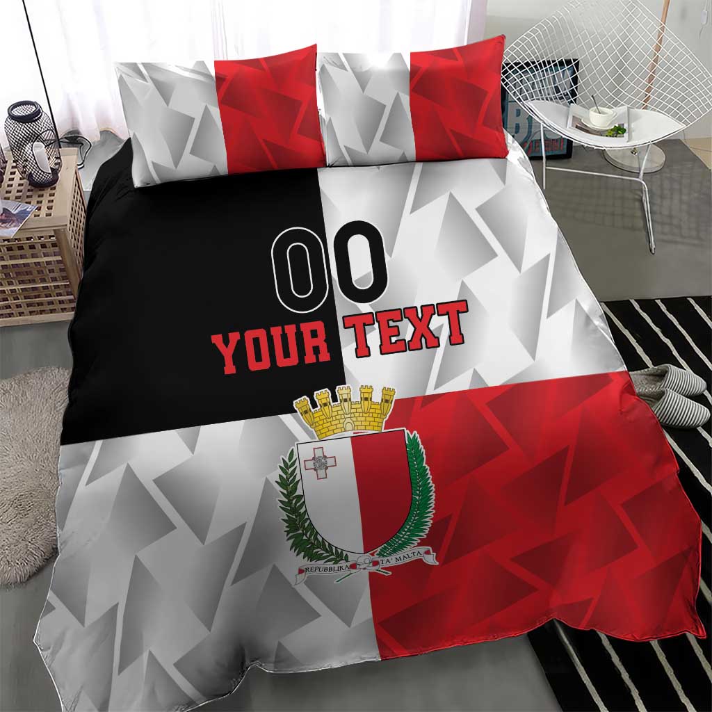 Red-white-black Malta duvet with crest, '00', and 'YOUR TEXT' over geometric pattern