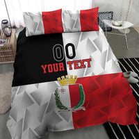 Red-white-black Malta duvet with crest, '00', and 'YOUR TEXT' over geometric pattern