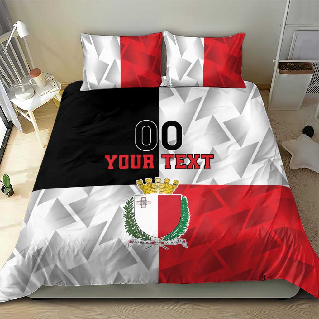 Malta bedding set featuring crest logo, '00' and 'YOUR TEXT' on red-white geometric fabric