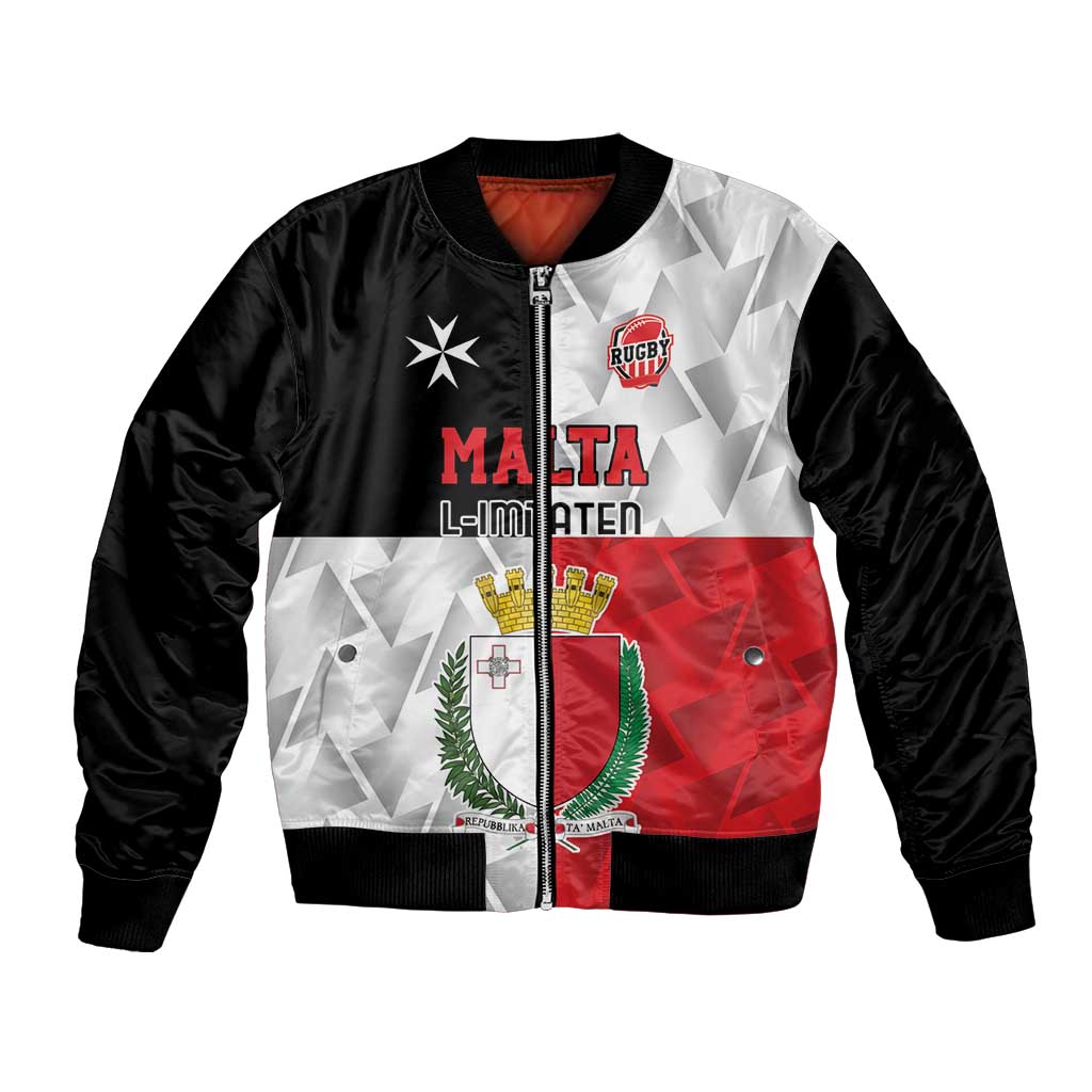 Black rugby bomber jacket with front zip, ribbed collar, Malta crest and red/white graphic panel