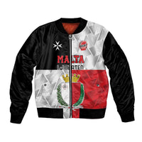 Black rugby bomber jacket with front zip, ribbed collar, Malta crest and red/white graphic panel