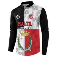 Custom rugby button sweatshirt, black-and-white front panel with Malta crest and red band