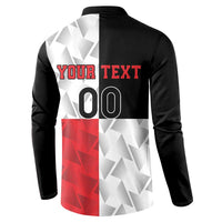 Custom rugby button sweatshirt back view with YOUR TEXT and 00 on red/white panel