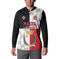 Custom rugby button sweatshirt worn by model, Malta crest front on black and red