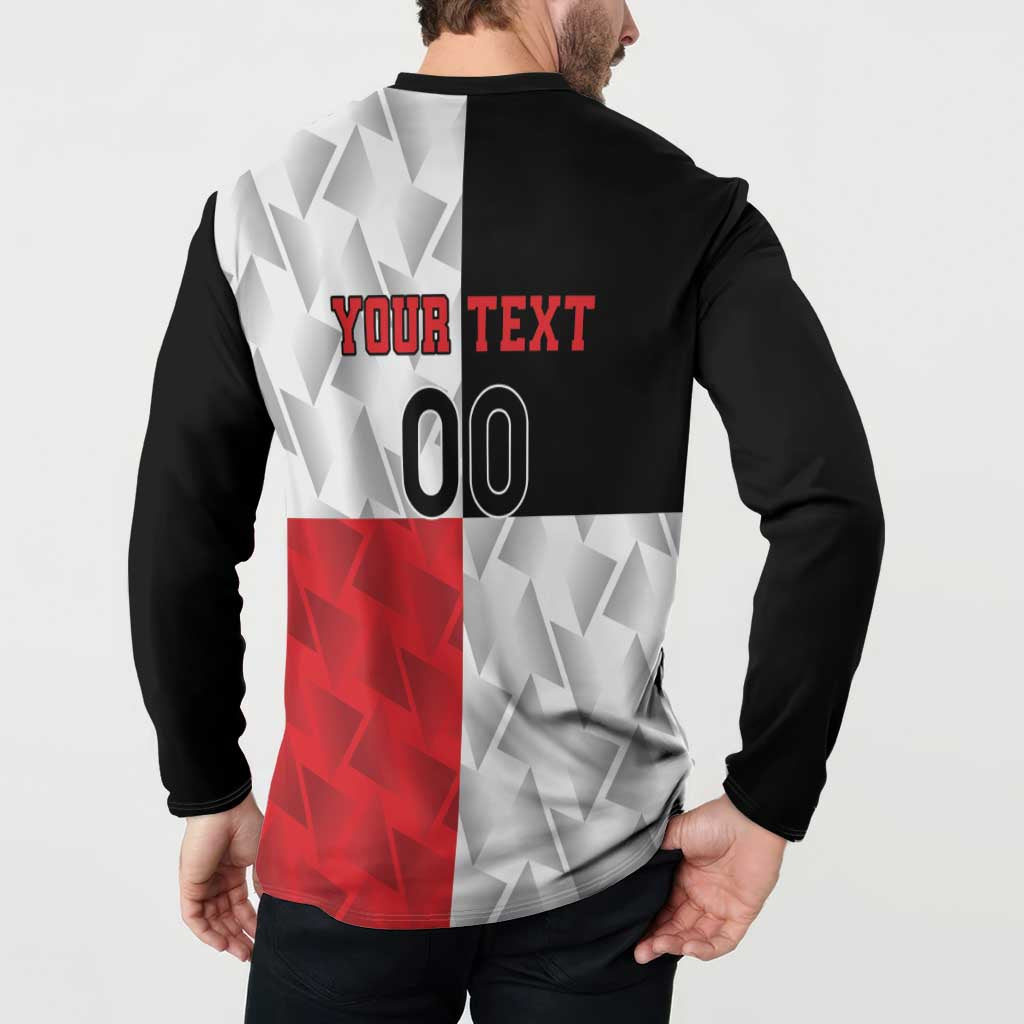 Custom rugby button sweatshirt back worn by model, YOUR TEXT 00 over red/white panel