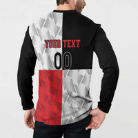 Custom rugby button sweatshirt back worn by model, YOUR TEXT 00 over red/white panel