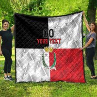 Malta rugby quilt hanging outdoors, black, white, and red panels with crest and custom text
