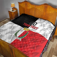 Malta rugby quilt over bed cover, black, white, and red panels with crest and custom text
