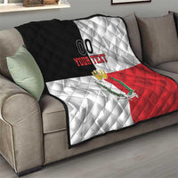 Malta rugby quilt on couch, black, white, and red panels with crest and custom text