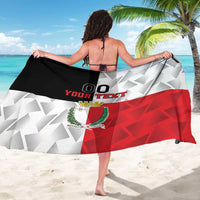 Malta rugby sarong back view with '00 YOUR TEXT' text, Malta crest, and white-and-red print
