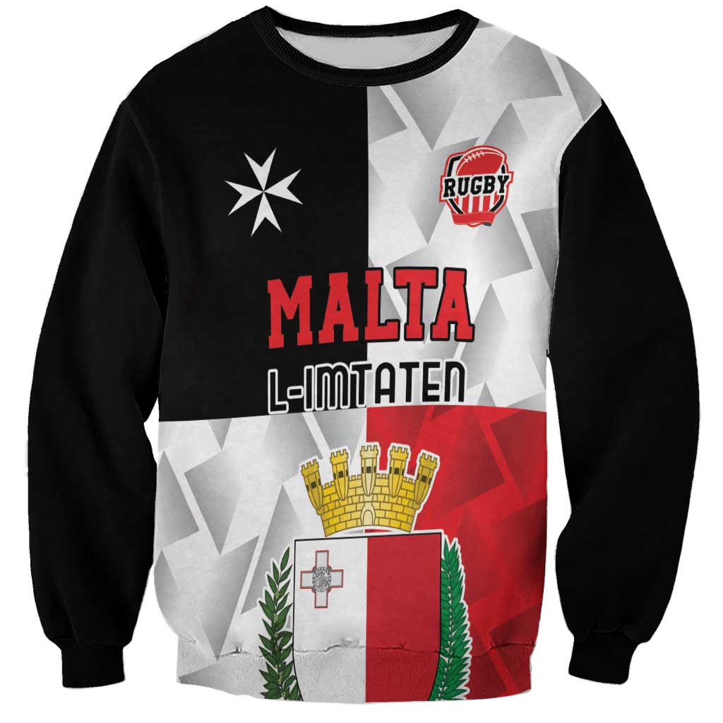 Unisex black rugby sweatshirt with Malta crest and 'MALTA' graphic, red and white panels
