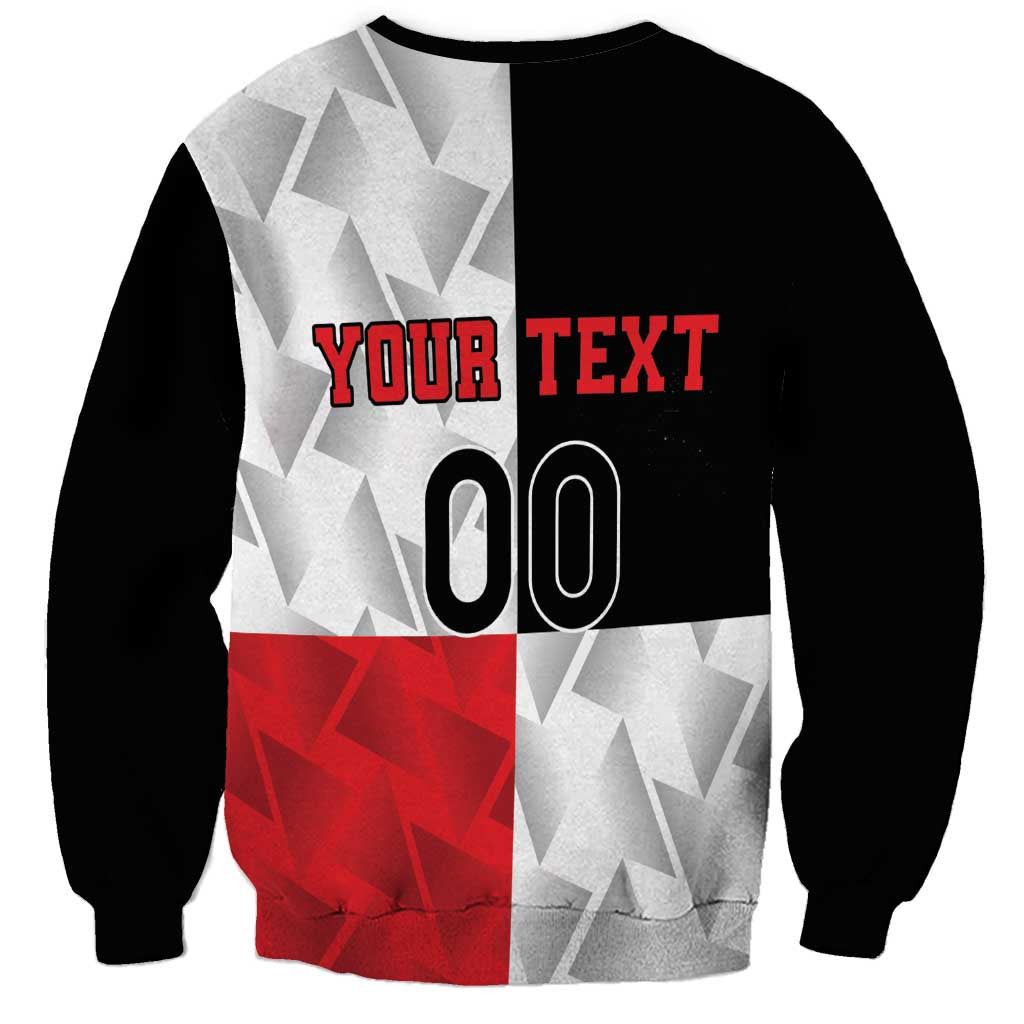 Unisex black rugby sweatshirt with gray and red geometric design and 'YOUR TEXT 00'
