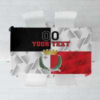 Red and white custom printed rugby tablecloth with shield emblem and geometric pattern.