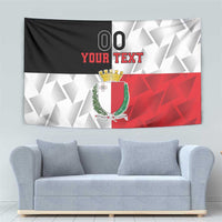 Custom Malta rugby tapestry with Malta crest, “YOUR TEXT” in red, and black-white-red panels