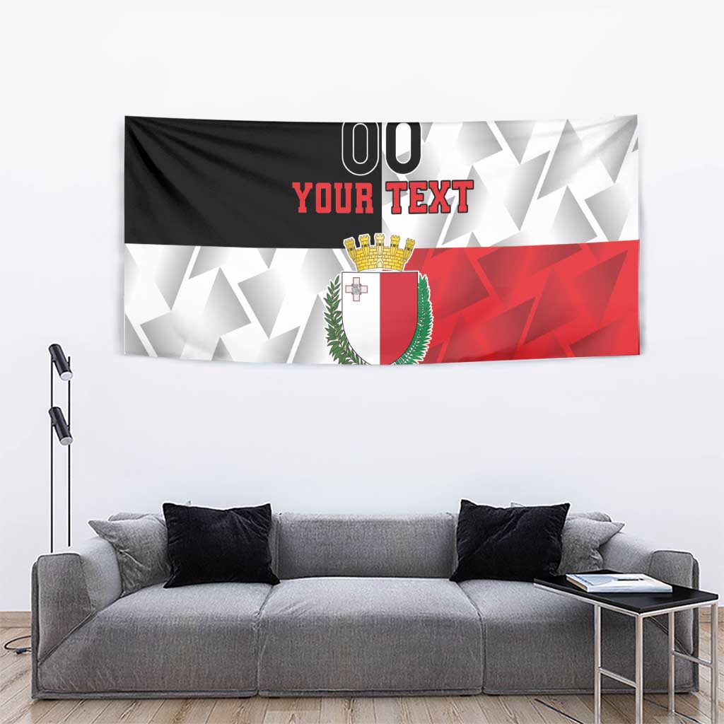 Custom Malta rugby tapestry showing “00 YOUR TEXT” and Malta crest over black-white-red graphics