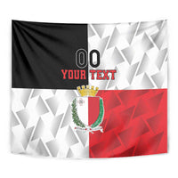 Custom Malta rugby tapestry close-up with Malta crest and “00 YOUR TEXT” on red and black fields