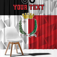 Custom Malta rugby window curtain close-up with Maltese crest and red custom text