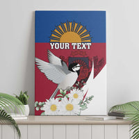 Mounted canvas wall art panel featuring white bird, sun rays, flowers, and “YOUR TEXT”