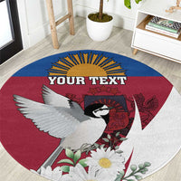 Round red-blue-white carpet with bird graphic and "YOUR TEXT" center print