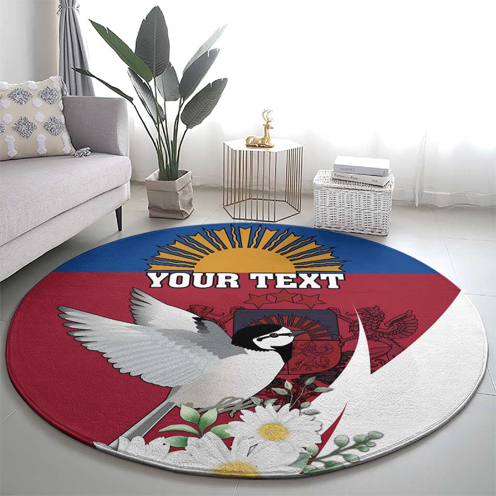 Round red-blue-white carpet with bird illustration and "YOUR TEXT" lettering