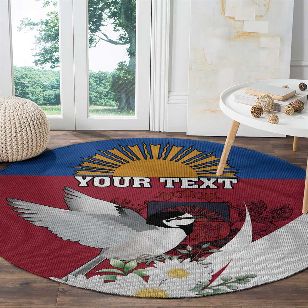 Round red-blue-white carpet with bird, flowers, and "YOUR TEXT" print