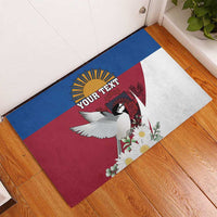 Personalized rubber doormat, blue and red panels with dove, flowers, and 'YOUR TEXT'