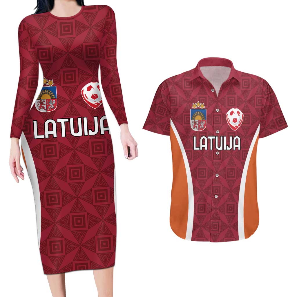 Custom Latvia Football Couples Matching Long Sleeve Bodycon Dress and Hawaiian Shirt Latvijas Futbola Izlase