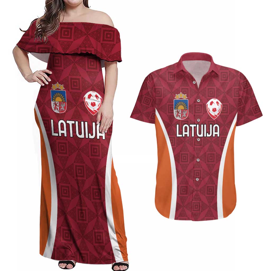 Custom Latvia Football Couples Matching Off Shoulder Maxi Dress and Hawaiian Shirt Latvijas Futbola Izlase