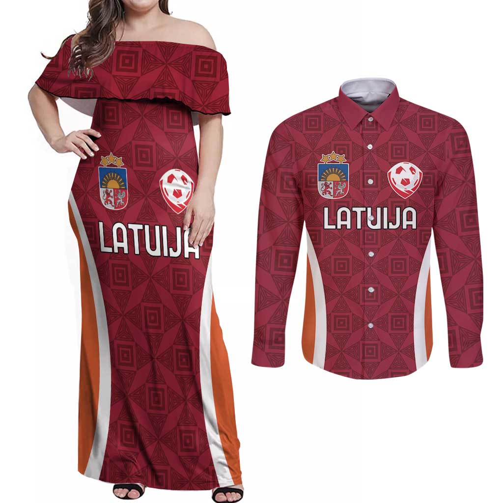 Custom Latvia Football Couples Matching Off Shoulder Maxi Dress and Long Sleeve Button Shirt Latvijas Futbola Izlase