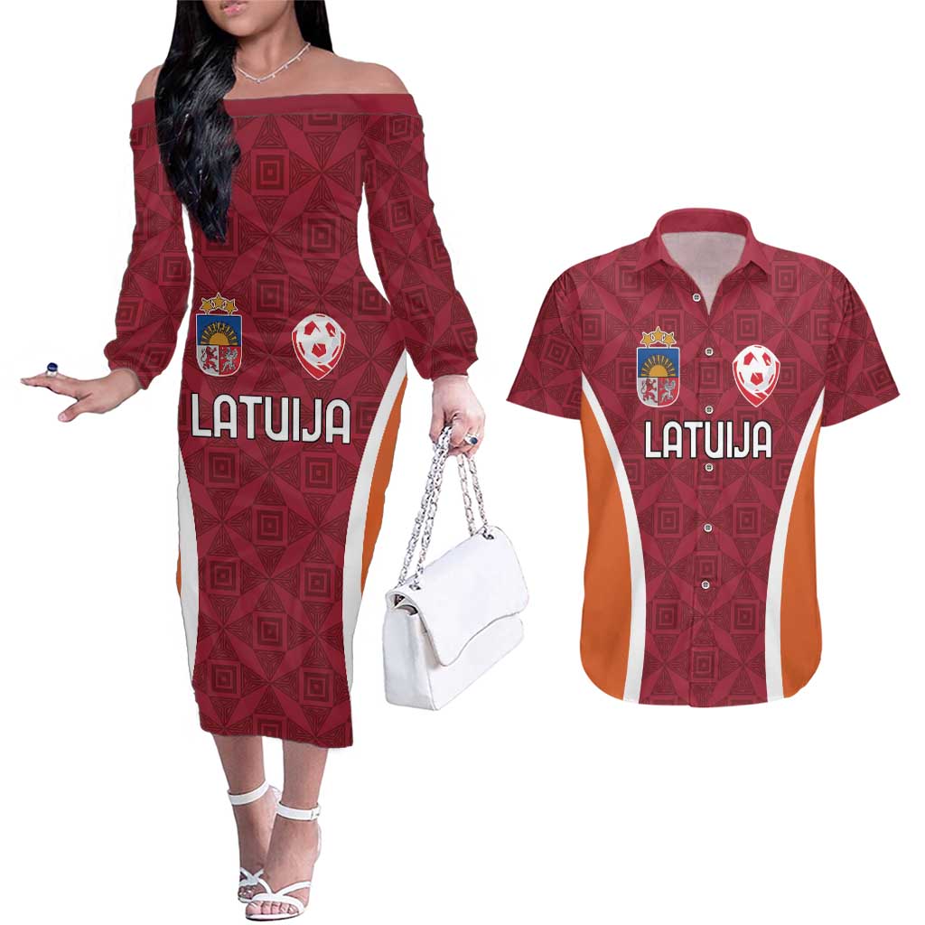 Custom Latvia Football Couples Matching Off The Shoulder Long Sleeve Dress and Hawaiian Shirt Latvijas Futbola Izlase