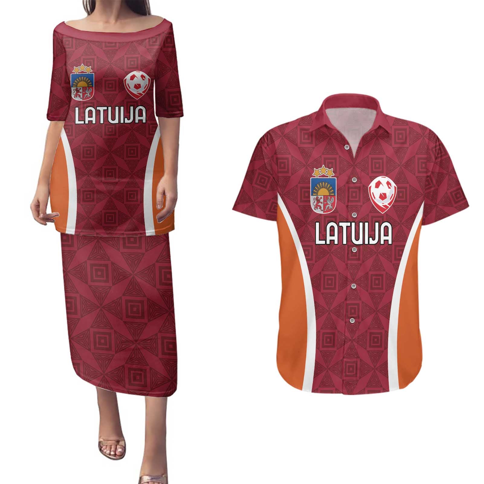 Custom Latvia Football Couples Matching Puletasi and Hawaiian Shirt Latvijas Futbola Izlase