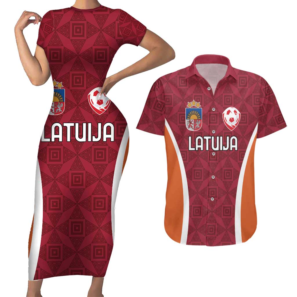 Custom Latvia Football Couples Matching Short Sleeve Bodycon Dress and Hawaiian Shirt Latvijas Futbola Izlase