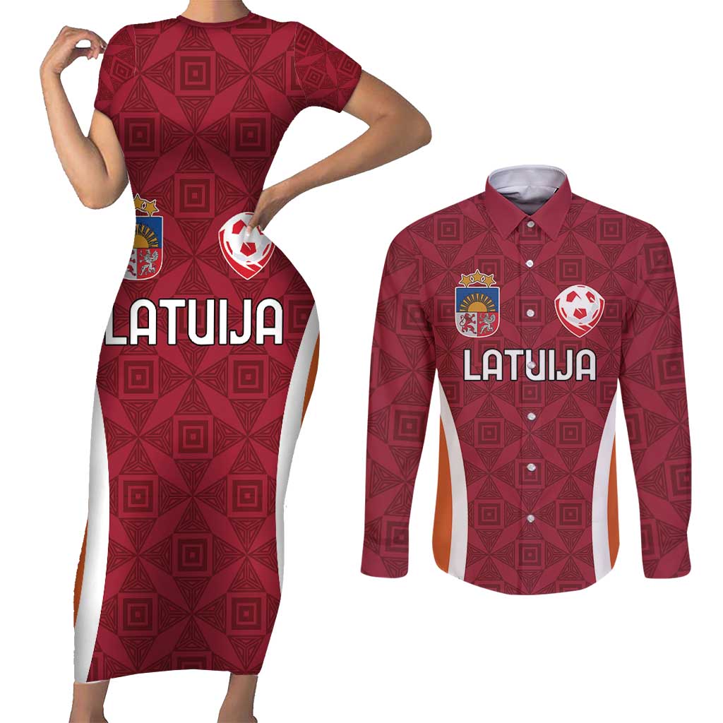 Custom Latvia Football Couples Matching Short Sleeve Bodycon Dress and Long Sleeve Button Shirt Latvijas Futbola Izlase