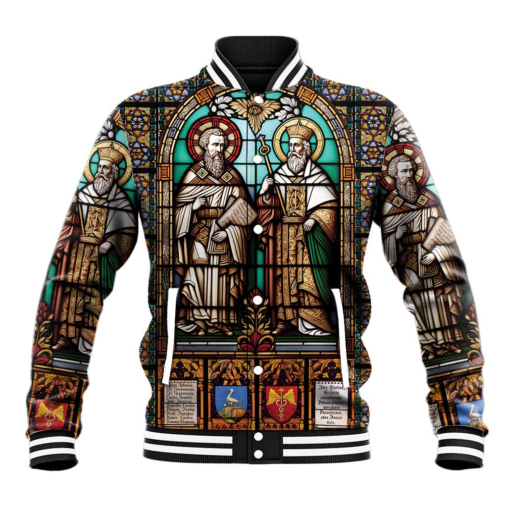 Black varsity baseball jacket with stained-glass saints graphic, striped ribbed collar and cuffs