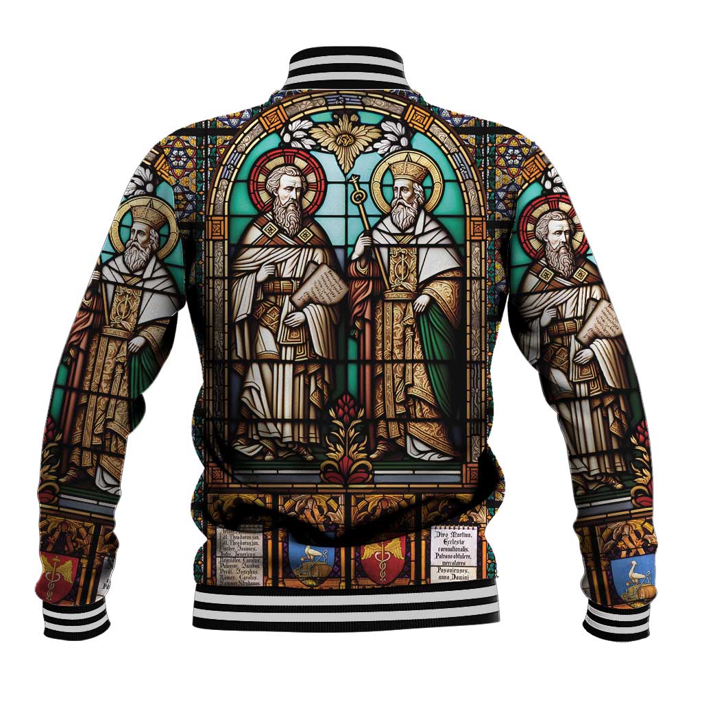 Black varsity baseball jacket with back stained-glass saints artwork, striped ribbed hem and cuffs