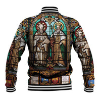 Black varsity baseball jacket with back stained-glass saints artwork, striped ribbed hem and cuffs