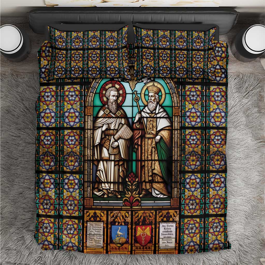 Christian stained-glass bedding set with two robed saints, blue and gold window pattern