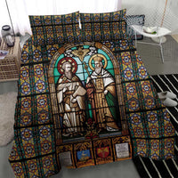 Stained-glass Christian bedding with two robed saints and ornate framed artwork