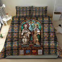 Christian bedding set with two robed saints in stained-glass window panel, multicolor border