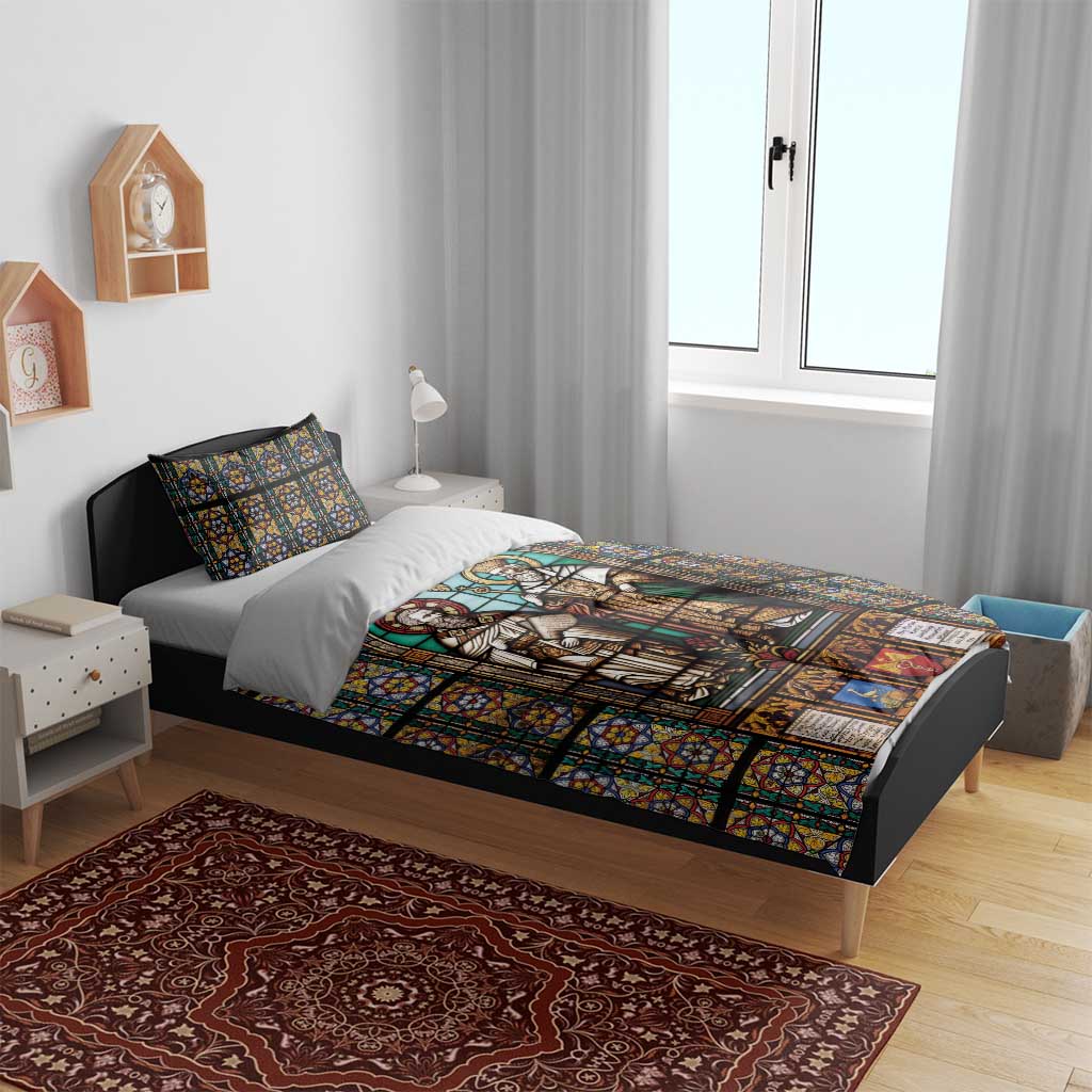 Stained-glass bedding set with two patterned pillows, two robed saints under window arch